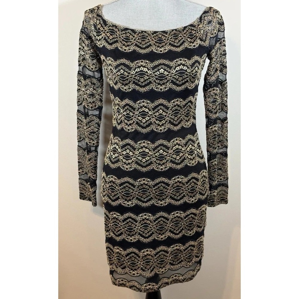 Gianni Bini Mini Dress Bodycon Small Black &‎ Gold Lace Cocktail Sleek Evening